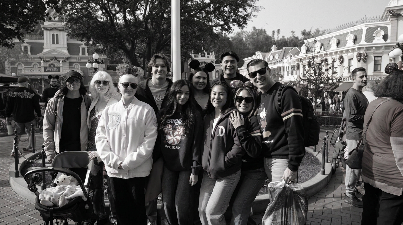 Crispin Luna IV with family and friends at Disneyland